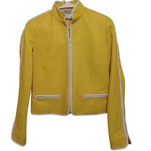 Carlisle Yellow Soft Leather Jacket Women Size 2 White Trim Moto Stand CollarZip
